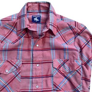 Chute 1 Western Yoke Pearl Snap Shirt Dress Womens Medium VTG Salmon Pink Plaid
